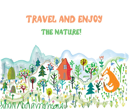 Travel funny card with landscape and animals - illustrationのイラスト素材