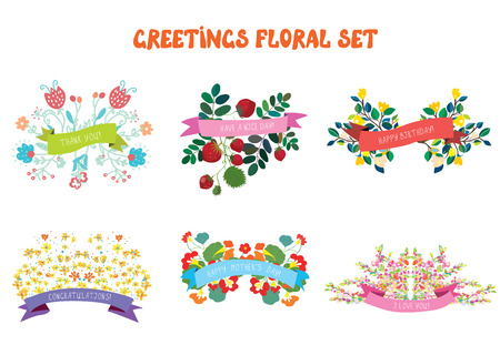 Floral design elements set with ribbons for greeting cards - illustrationのイラスト素材