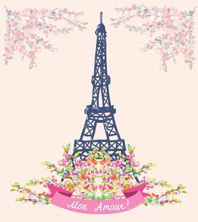 Love in Paris nice card - vintage floral design for vector illustrationのイラスト素材