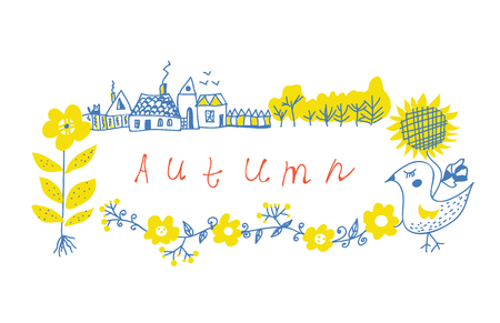 Autumn frame design with farm and flowers - vector illustrationのイラスト素材