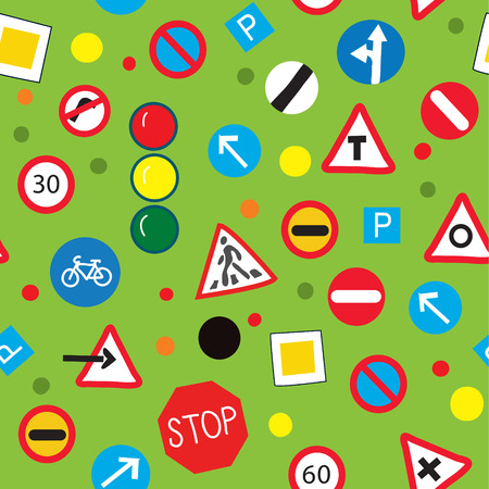 Seamless pattern with road signs - funny design of vector illustrationのイラスト素材