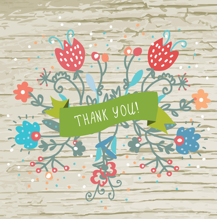 Thank you card with flowers and wood texture - vector illustrationのイラスト素材