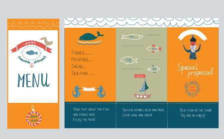 Fish restautant menu design - hand drawn vector illustrationのイラスト素材