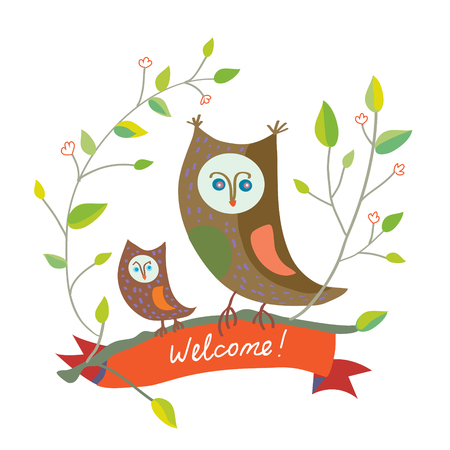 Funny welcome card with owl - cute design of vector illustrationのイラスト素材
