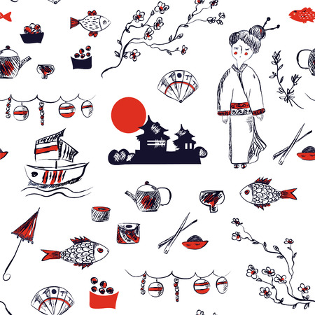 Japan symbols seamless pattern - graphic hand drawn illustrationのイラスト素材