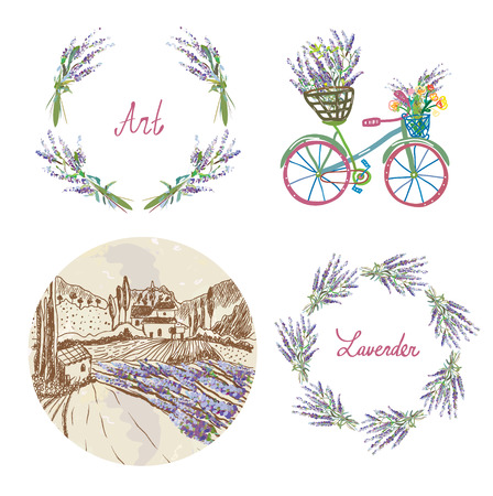 Lavender floral set for the label, badge or web - wreath, landscape, bicycle and frame.のイラスト素材