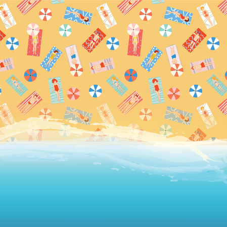 Beach background with ocean, sand and people pattern illustration. Suitable for the card, banner, wed design element.のイラスト素材