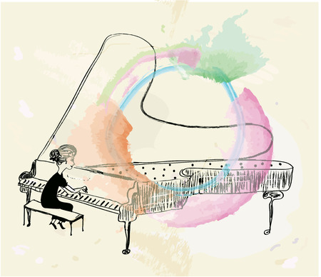 Girl playing piano sketch graphic illustration with frameのイラスト素材