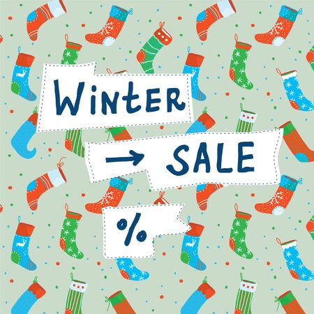Christmas sale funny banner with socks and decorations - vector graphic illustrationのイラスト素材