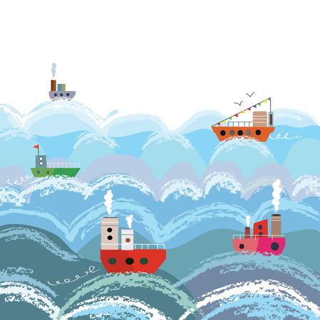 Sea and ships cartoon background for the card - vector graphic illustrationのイラスト素材