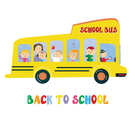 School bus with kids cartoon, vector graphic illustrationのイラスト素材