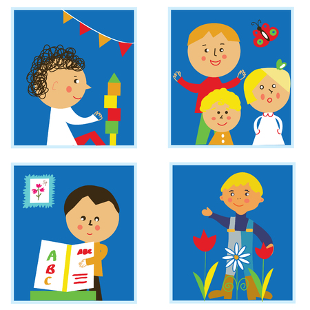 Kids playing and studying in the kindergarten. Vector graphic illlustrationのイラスト素材