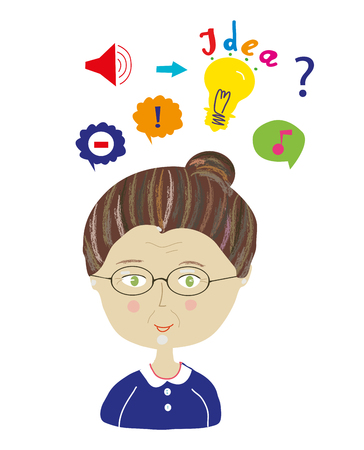 Old lady thinking about new ideas illustration. Concept for the learning. Vector graphic.のイラスト素材