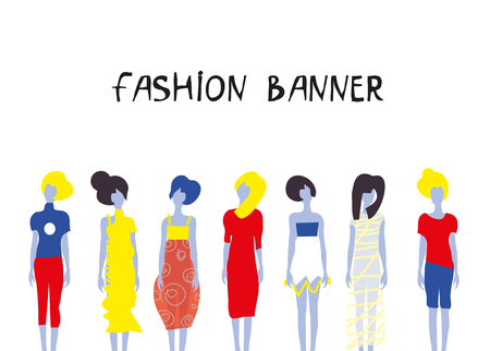 Fashion banner with girls models in different clothes for the cover, banner or wed design.  Vector graphic illustration.のイラスト素材