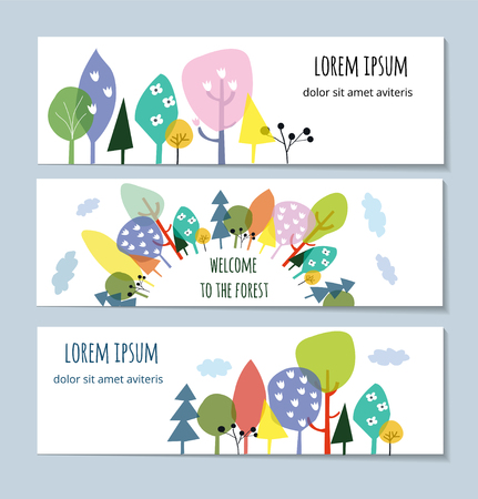 Nature and forest banners set with trees and flowers, vector graphic illustrationのイラスト素材