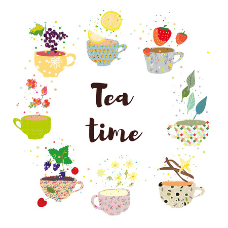 Tea time background with cups and different sorts of tea. Vector graphic illustrationのイラスト素材
