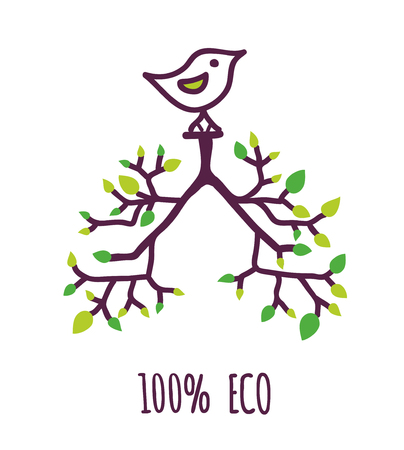 Eco label with tree, leaves and bird, sign for natural or bio product.  Vector graphic illustrationのイラスト素材