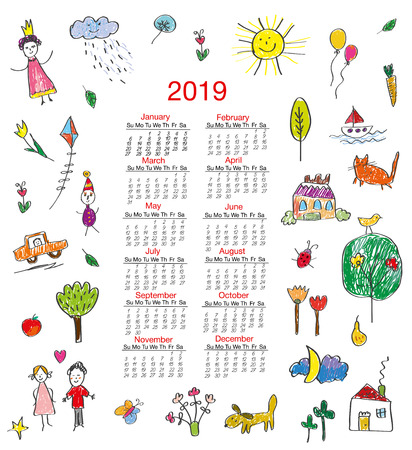 Funny calendar 2019 with kids drawings for children. Vector graphic illustrationのイラスト素材