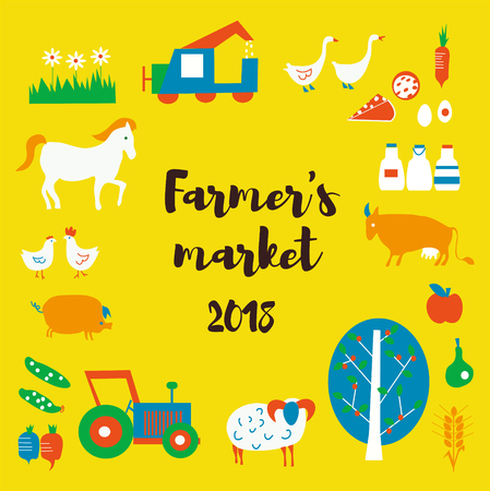 Farmer's market background with animals, food, tractors, retro style. Vector graphic illustrationのイラスト素材
