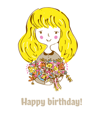 Birthday card with girl and flowers for child. Retro style graphic, vector illustrationのイラスト素材