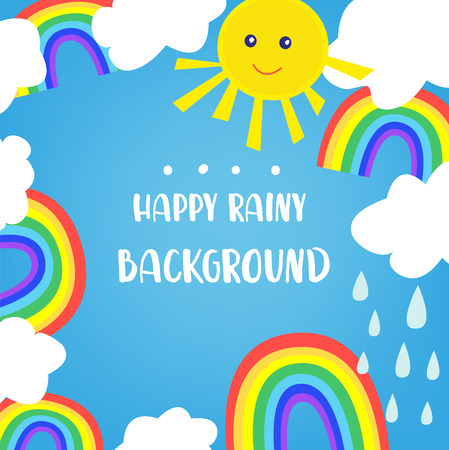 Rainbow background for the kids, with sun and clouds. Cute design, vector graphic illustrationのイラスト素材