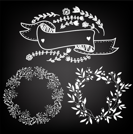 Romantic set for wedding or holidays with wreath and frame elements on the blackboard. Vector graphic illustrationのイラスト素材