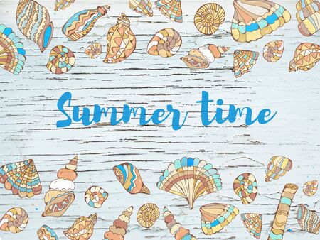 Summer time sea background with shells, hand drawn design. Vector graphic illustrationのイラスト素材