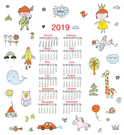 Calendar for children with funny doodles, kids, animals, cute elements. Vector graphic illustrationのイラスト素材