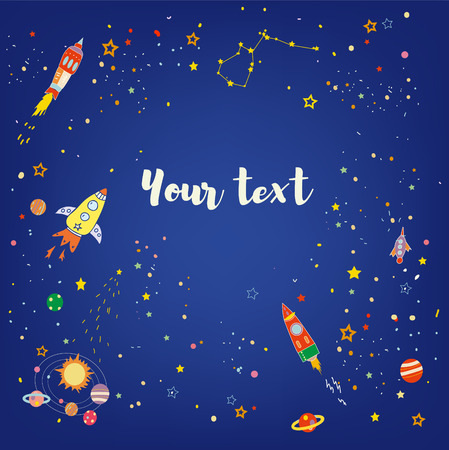 Cosmos background with planets and spaceships for kids. Vector graphic illustrationのイラスト素材