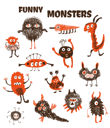Monsters funny collection, doodle style. Vector graphic illustrationのイラスト素材