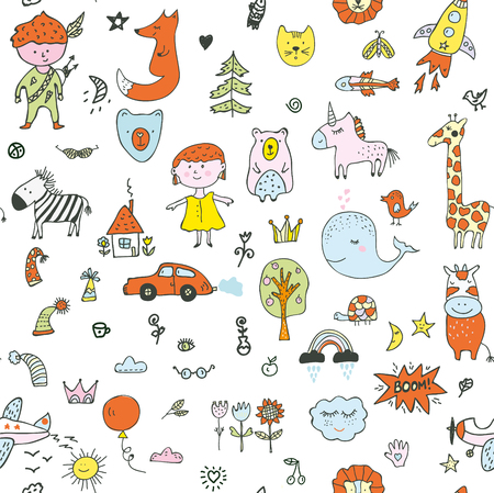 Kids doodle seamless pattern for the kindergarten, cute design. Vector graphic illustrationのイラスト素材