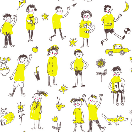 Children playing funny seamless pattern for the party. Doodle style, vector graphic illustrationのイラスト素材