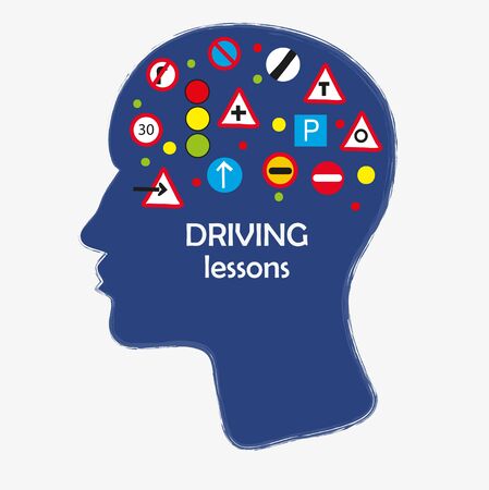 Driving school poster with road signs and head. Vector graphic illustrationのイラスト素材