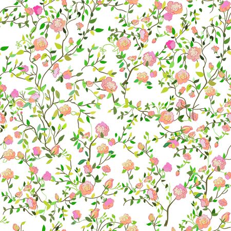 Roses seamless pattern botanical illustration, vector graphic. Wallpaper with many leaves, flowers, buds and petals in hand drawn style.のイラスト素材