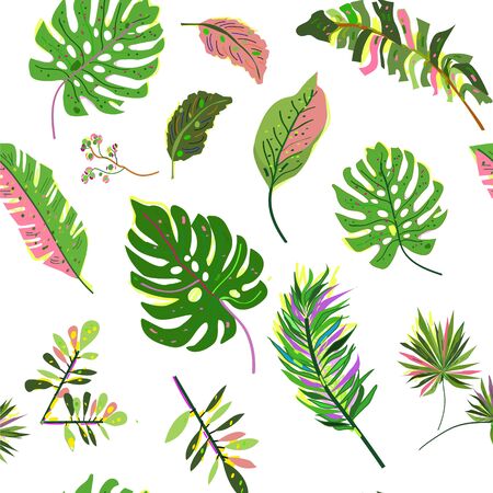 Tropical leaves seamless pattern with many plants. Vector graphic illustration with hand drawn design for the wallpaper or banner.のイラスト素材