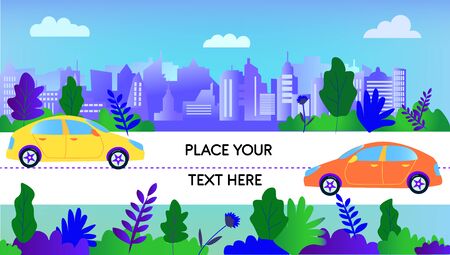 Cars and city scene with cityscape view, vector graphic illustration in modern flat style on the streetのイラスト素材