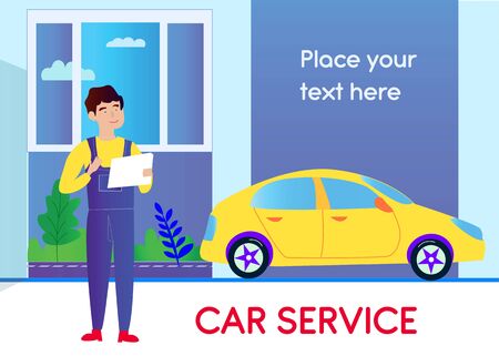 Car service repair center background with auto and worker stranding with checklist. Vector graphic illustrationのイラスト素材
