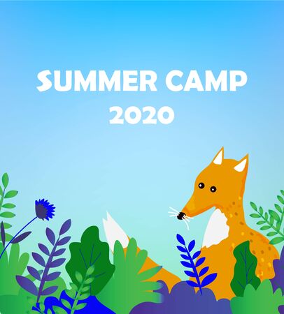 Summer camp childrenâs background for the poster or flyer with nature elements. Vector graphic illustration for kidsâ educational events.のイラスト素材