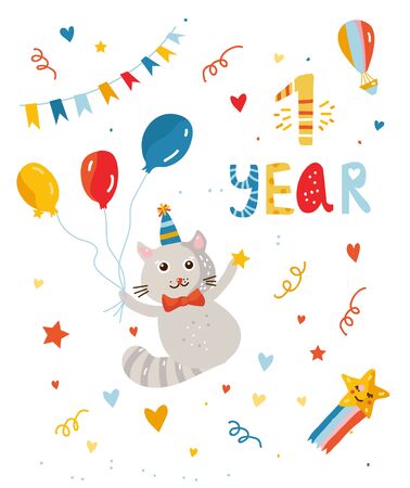 One year birthday card for kid with cute design for celebration. Vector graphic illustrationのイラスト素材