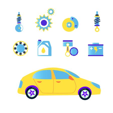 Car repair set icons in flat funny style. Vector graphic illustrationのイラスト素材