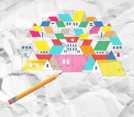 Planning of the city or town on the paper with the pencil. Vector graphic illustration in hand drawn styleのイラスト素材