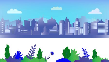 Elements set for city landscape with big building and urban plants. Vector graphic bannerのイラスト素材