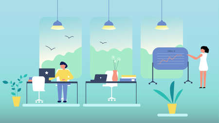 Modern office with open space and people illustration, flat designのイラスト素材