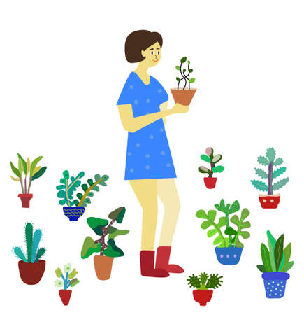 Girl with plants - florist or gardener, flat vector illustration, cute styleのイラスト素材