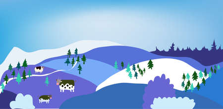 Winter landscape with rural scene and cows for Christmas banner, vector illustrationのイラスト素材