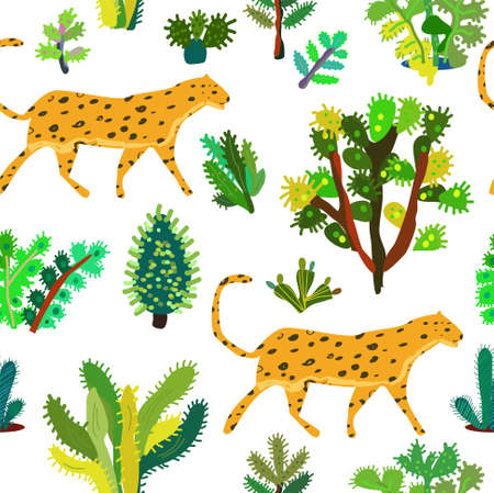 Guepard and tropical plants seamless patttern, handdrawn design. Vector graphic illustrationのイラスト素材