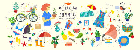 Cozy hygge summer illustration - vector set of cute objects, plants and accessories.のイラスト素材