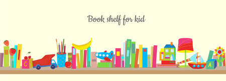 Bookshelf for kid with books and toys cute vector graphic illustrationのイラスト素材