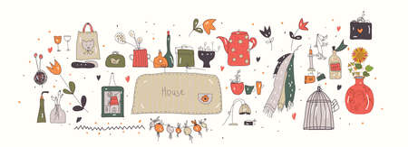 Hygge illlustration for home with pottery and house accessories. Vector graphicのイラスト素材