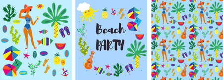 Beach party collection of backgrounds and banners, vector graphic illustrationのイラスト素材
